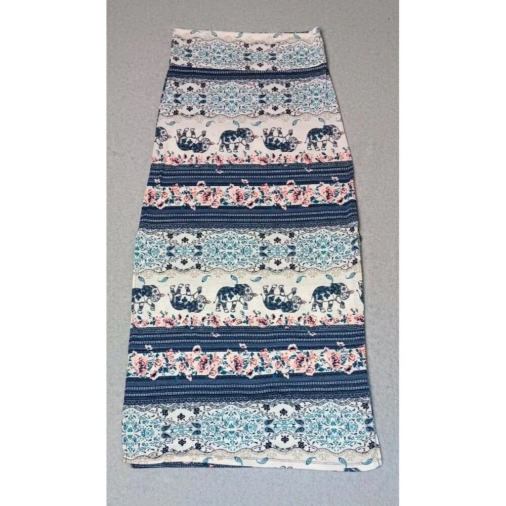 Bohemian Elephant Pattern Side Slits Maxi Skirt Small Blue Summer Beach Festival